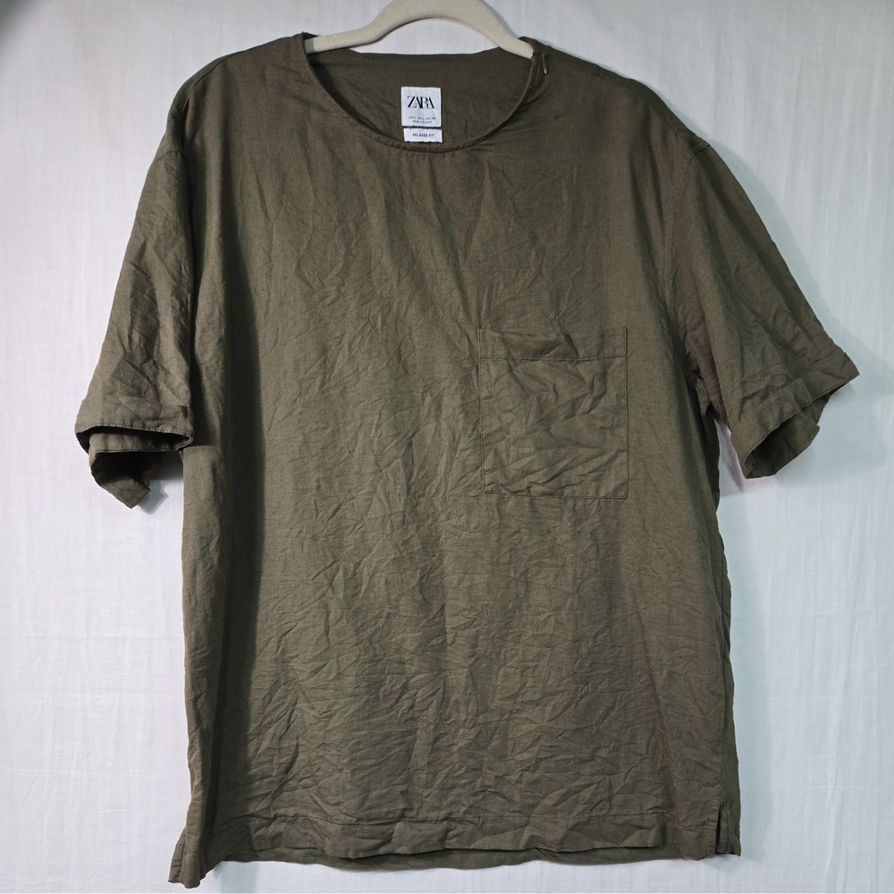 NWOT Zara Women's L Green Short Sleeve Linen Knit Top Relaxed Fit Front Pocket